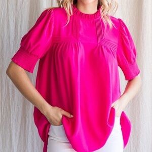 JODIFL Hot Pink Short Sleeve Pintuck Smocked Yoke Blouse